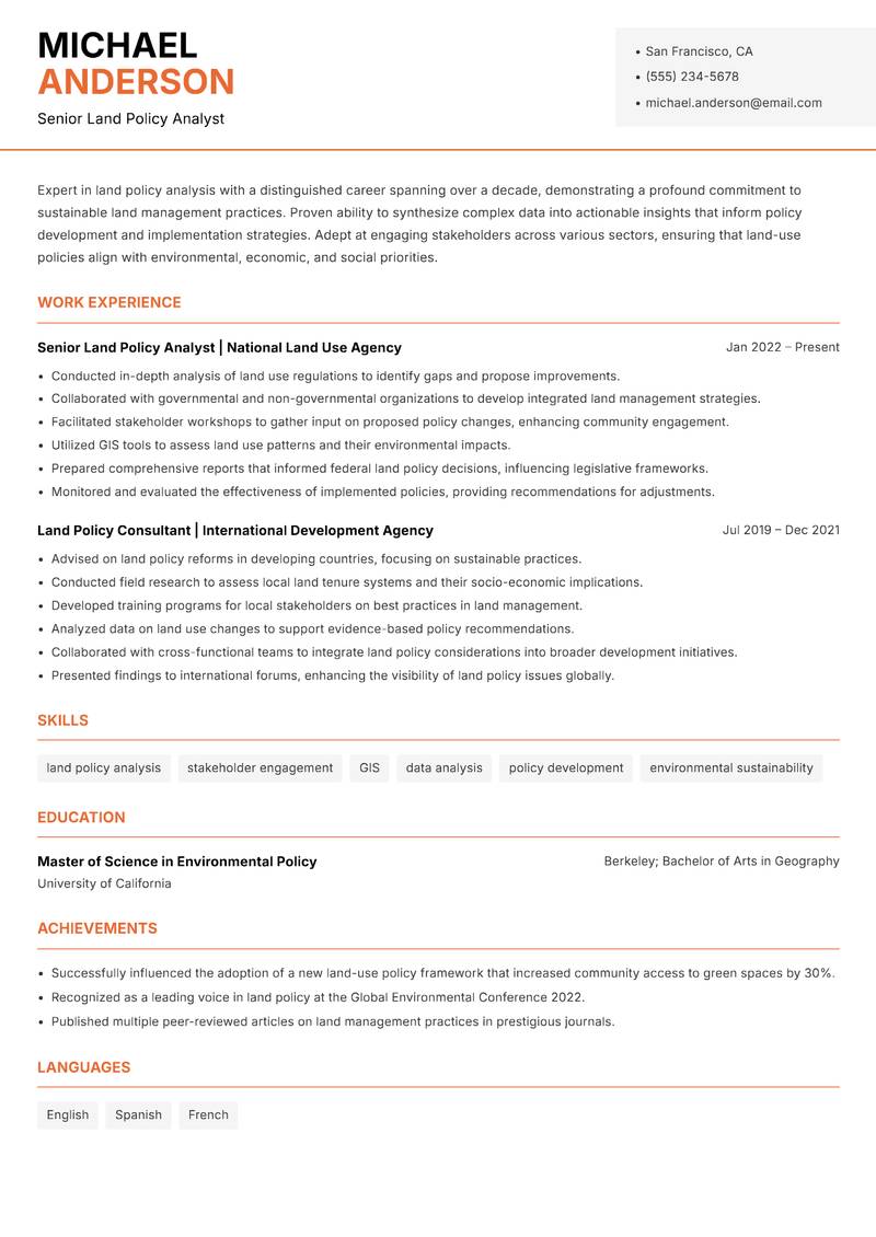 Land Policy Analyst resume template — Modern Professional