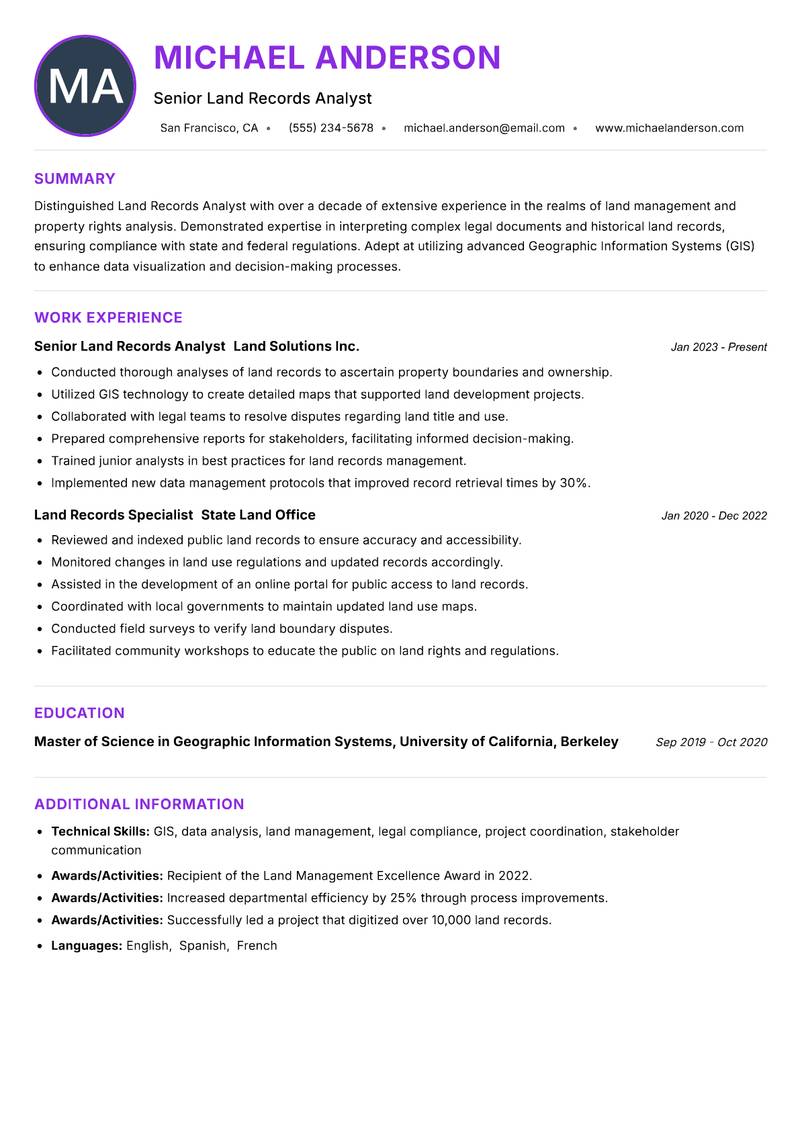 Land Records Analyst resume example — ATS-friendly template