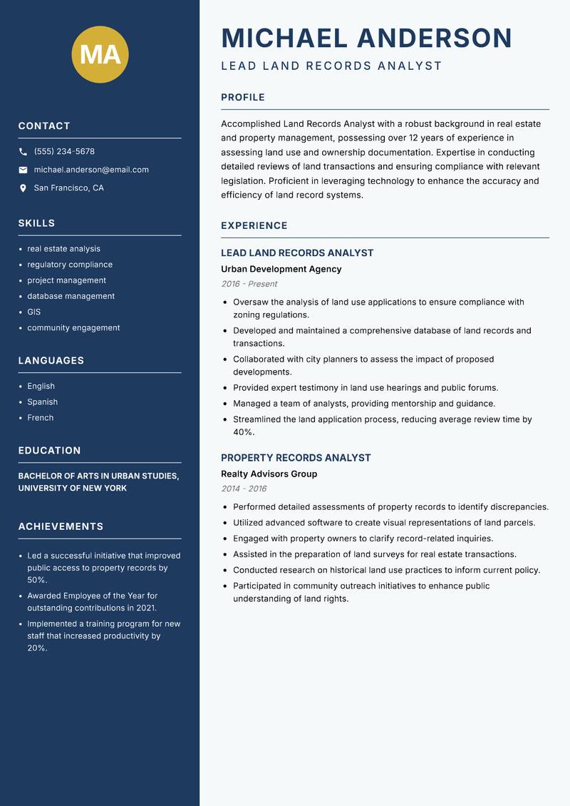 Land Records Analyst resume template — Classic Clean