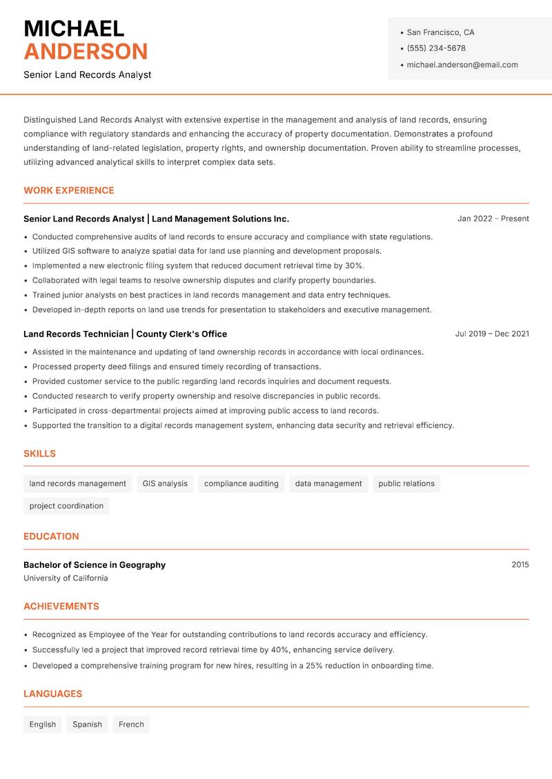 Land Records Analyst resume template — Modern Professional