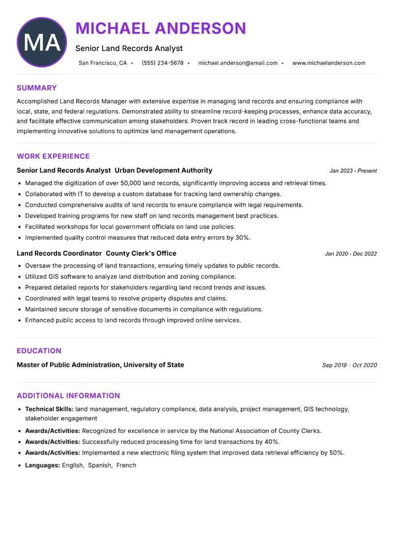 Land Records Manager resume example — ATS-friendly template