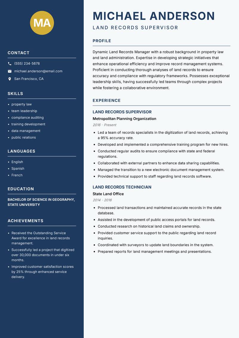 Land Records Manager resume template — Classic Clean