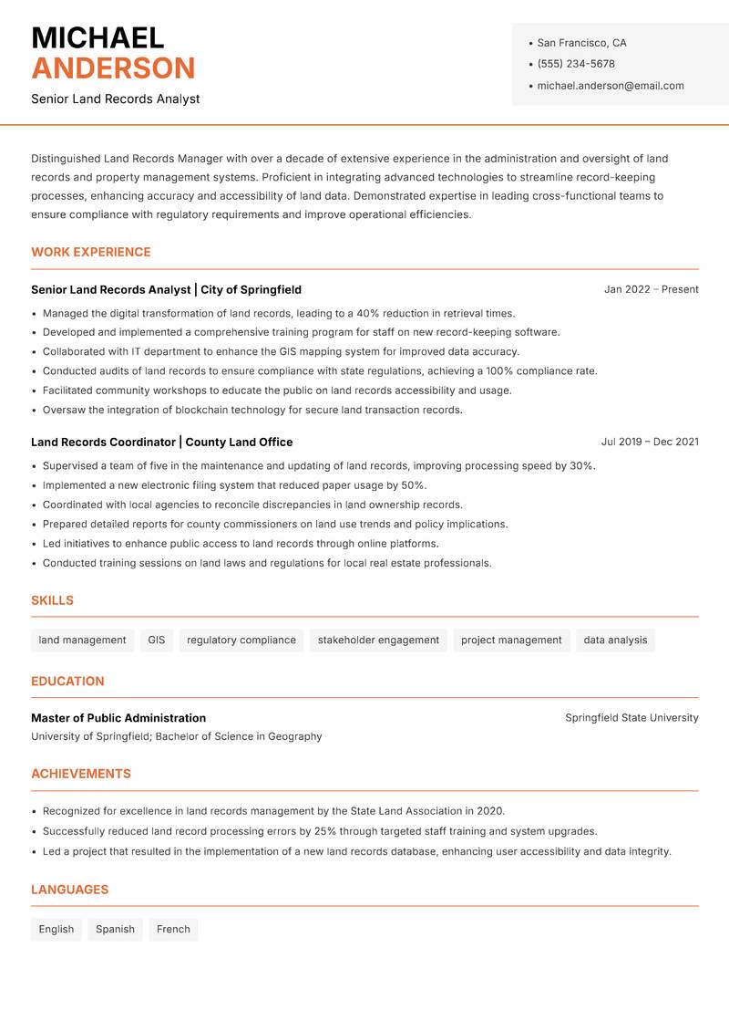 Land Records Manager resume template — Modern Professional
