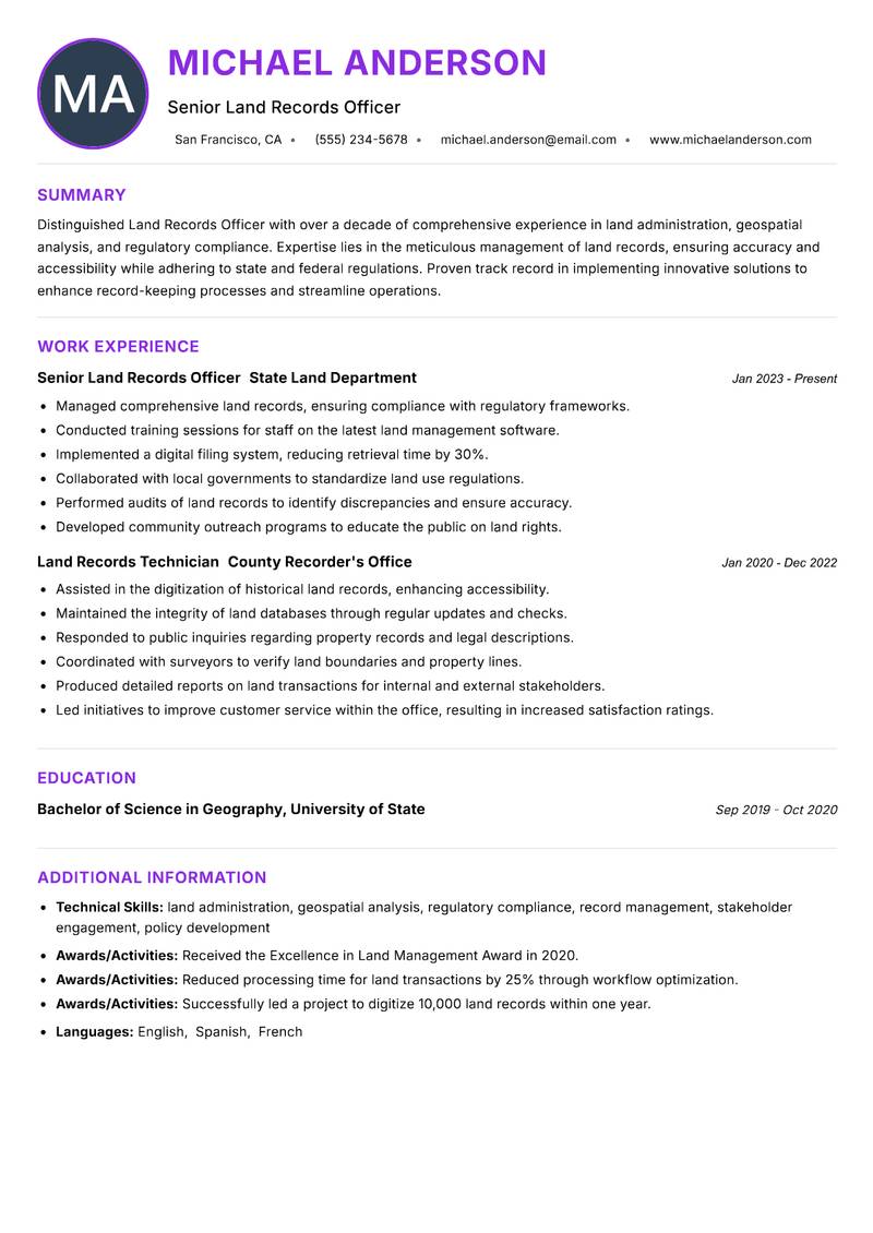 Land Records Officer resume example — ATS-friendly template