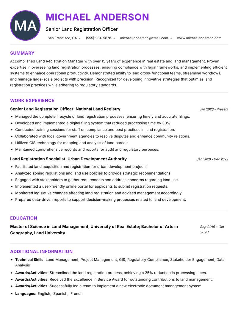 Land Registration Manager resume example — ATS-friendly template