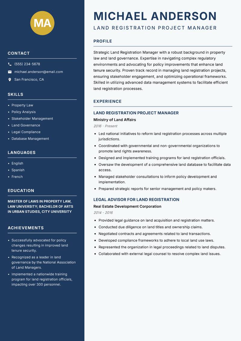 Land Registration Manager resume template — Classic Clean