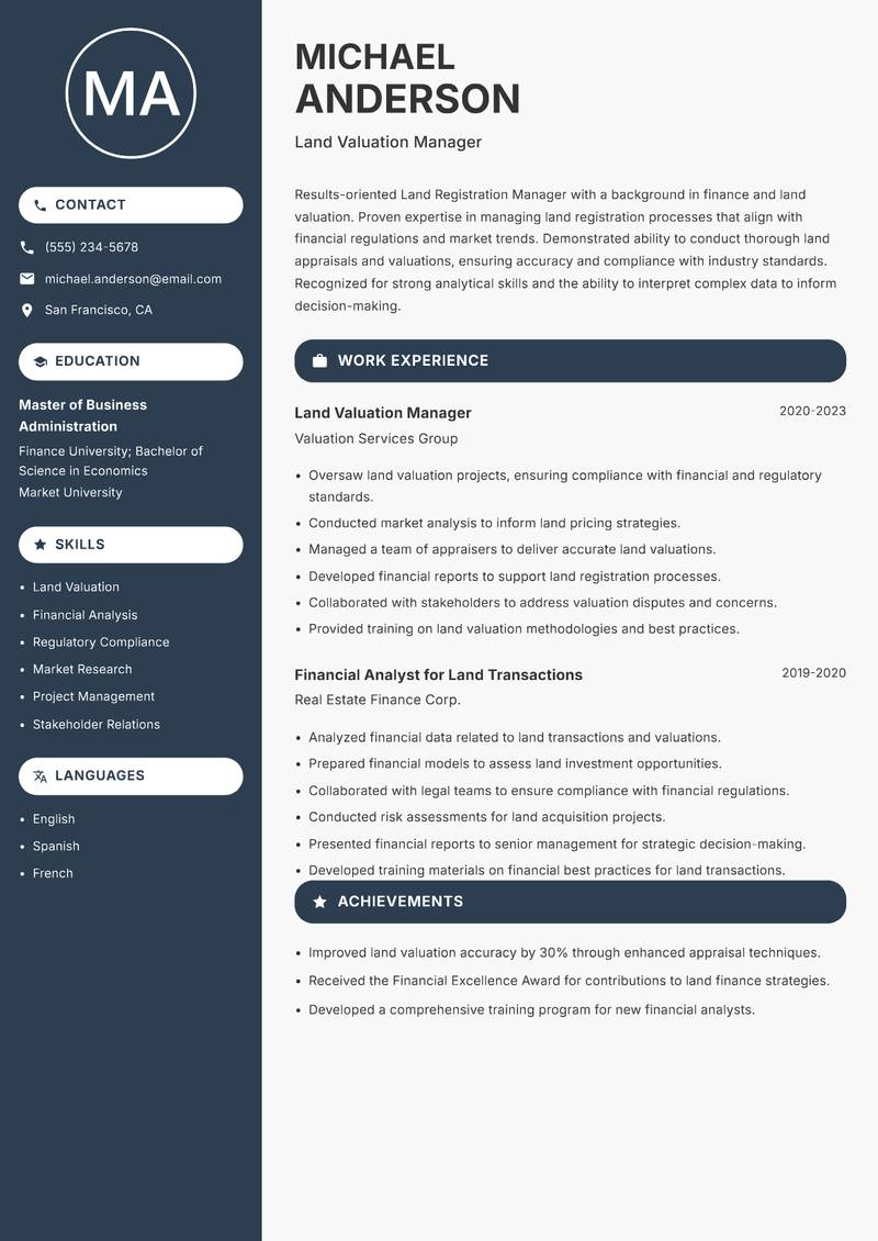 Land Registration Manager resume template — Compact