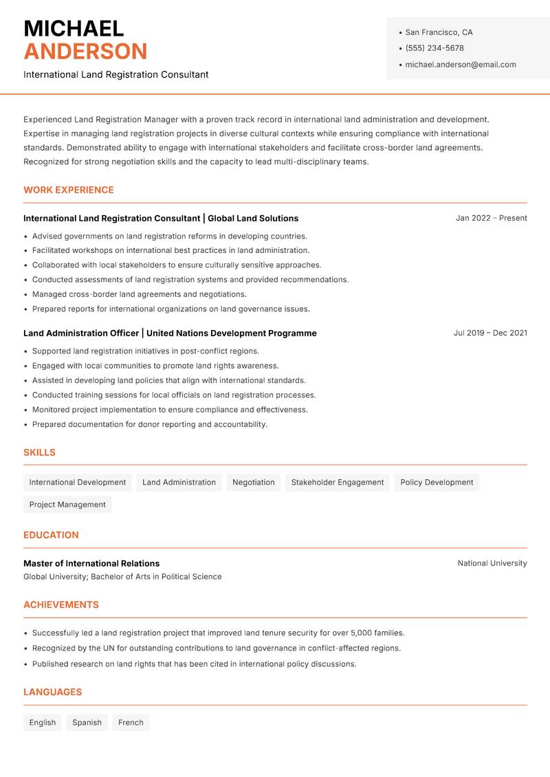 Land Registration Manager resume template — Modern Professional