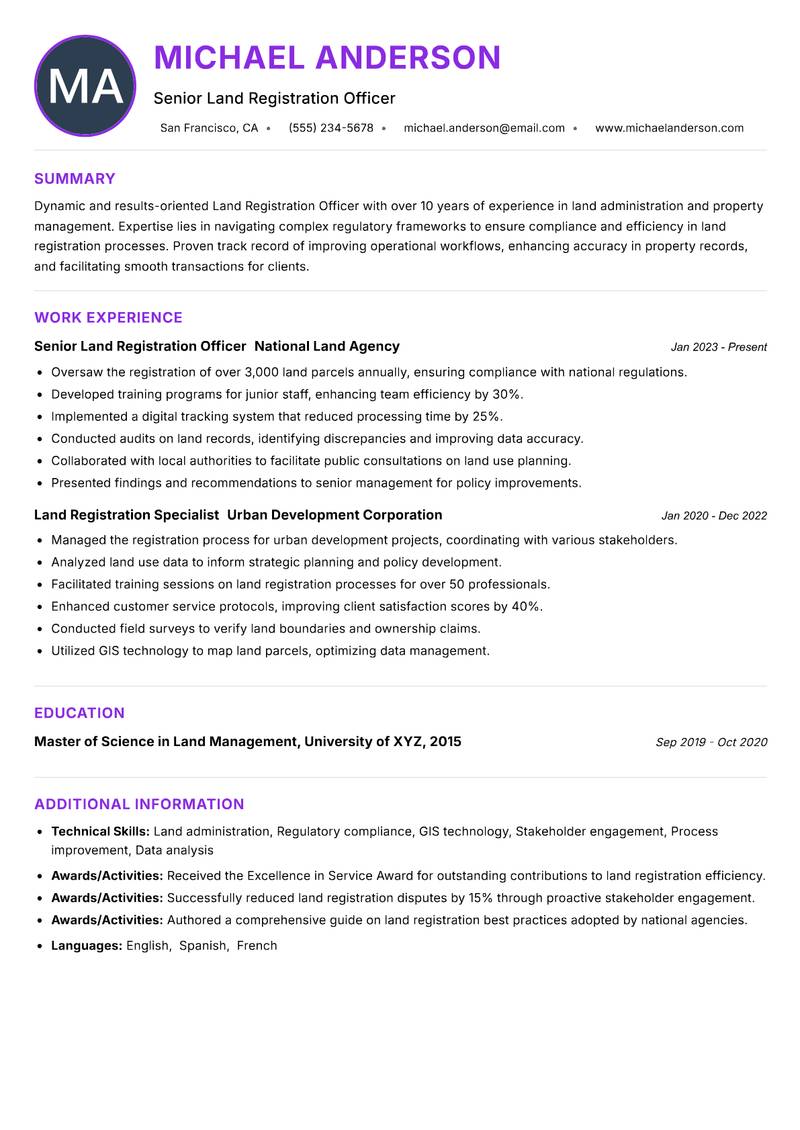 Land Registration Officer resume example — ATS-friendly template