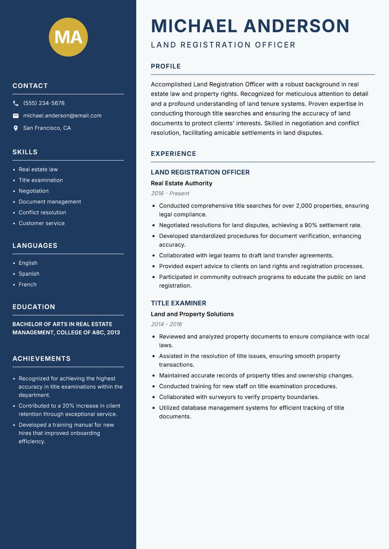 Land Registration Officer resume template — Classic Clean