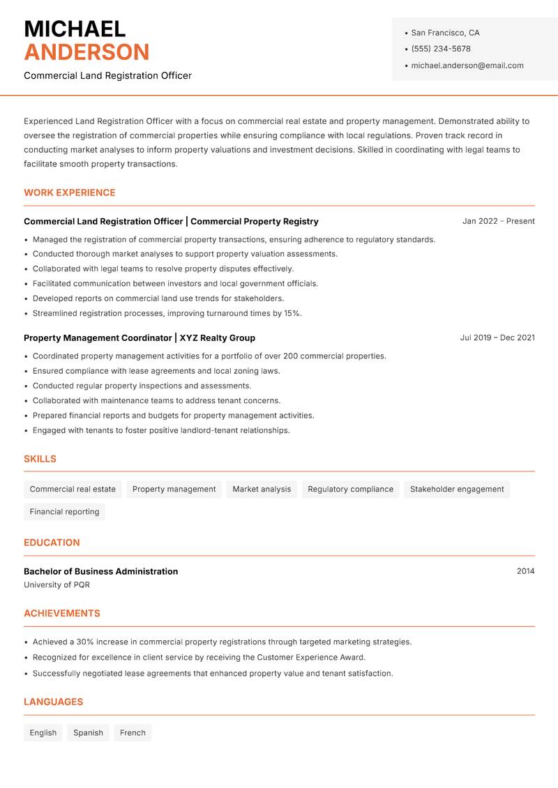 Land Registration Officer resume template — Modern Professional