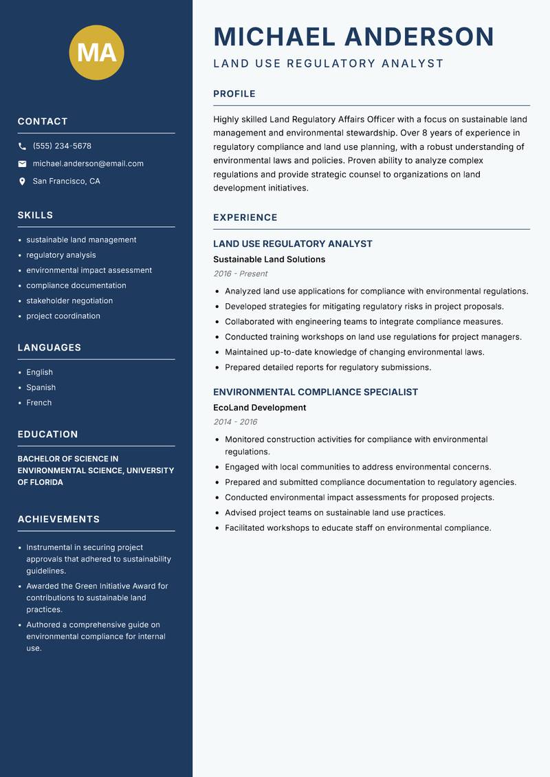Land Regulatory Affairs Officer resume template — Classic Clean