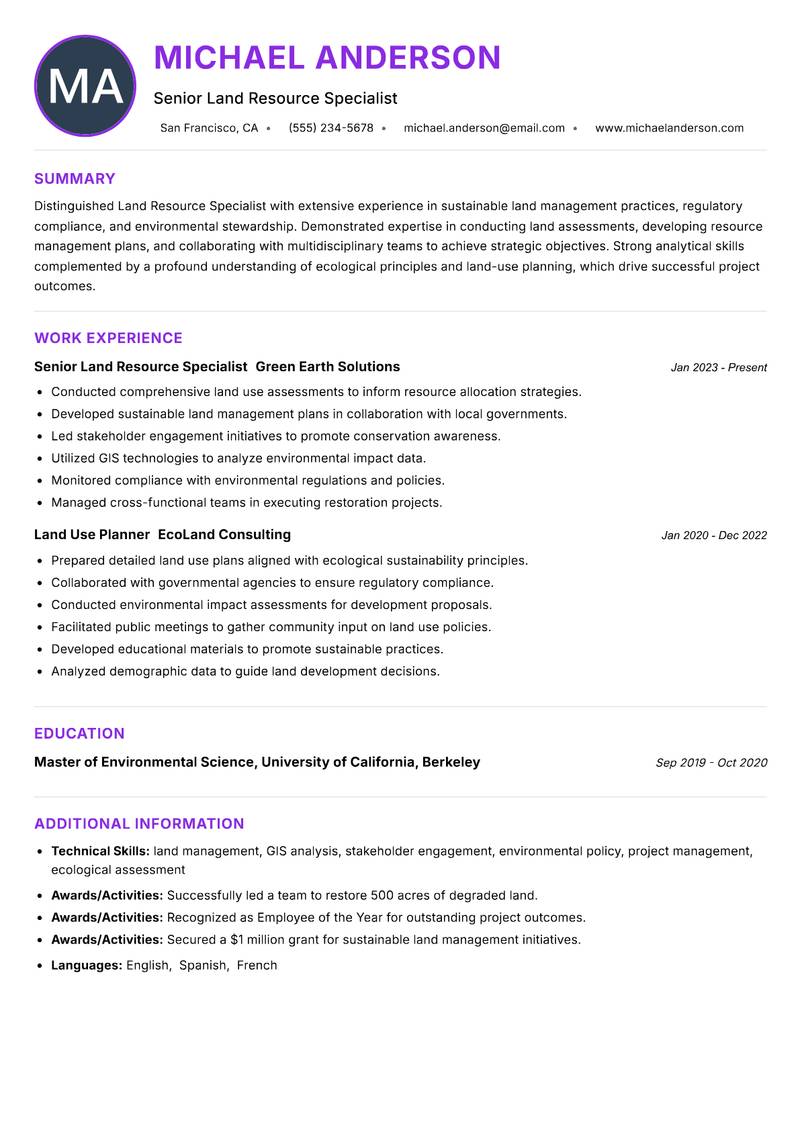 Land Resource Specialist resume example — ATS-friendly template