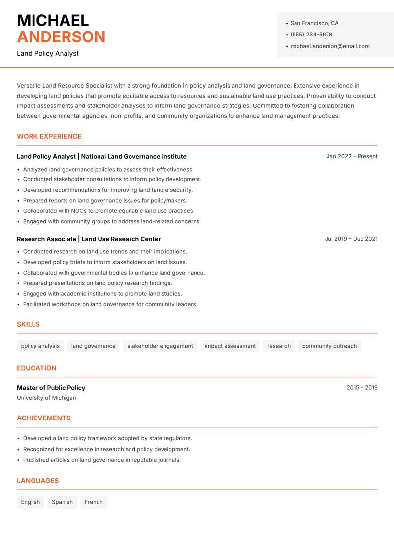 Land Resource Specialist resume template — Modern Professional