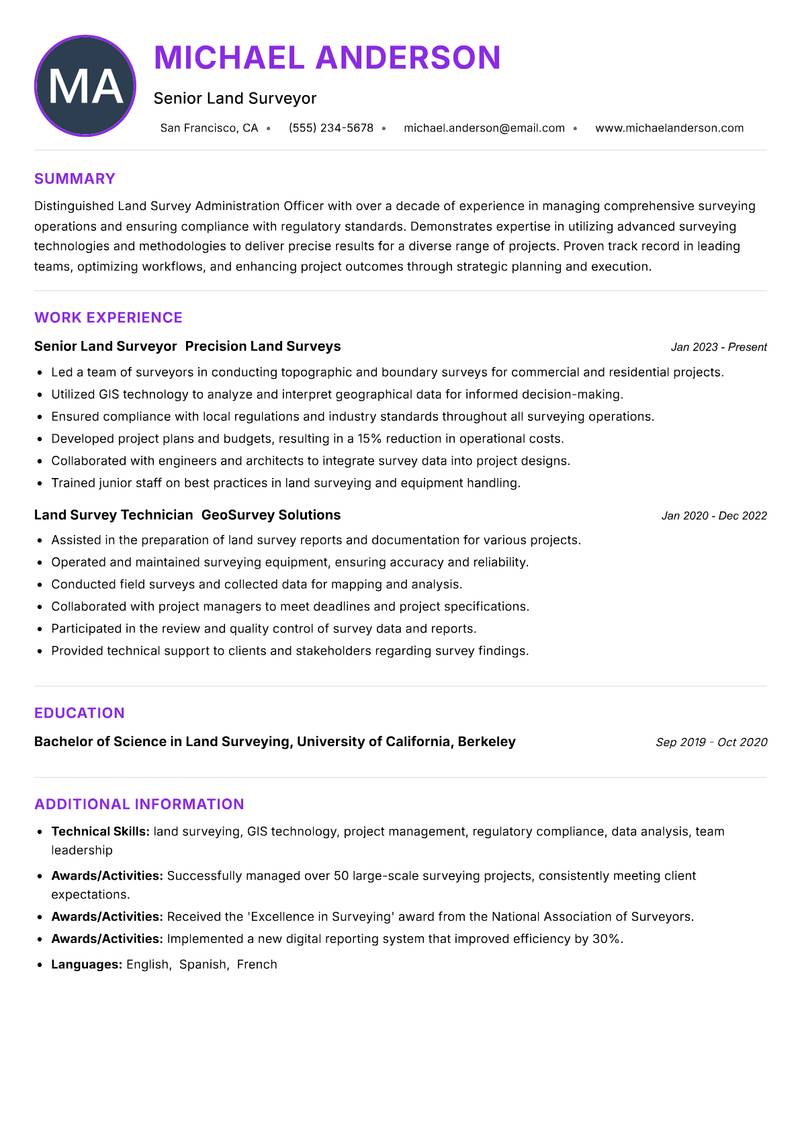 Land Survey Administration Officer resume example — ATS-friendly template