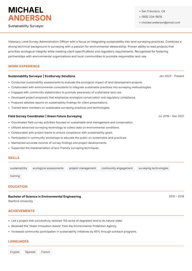 Land Survey Administration Officer resume template — Modern Professional
