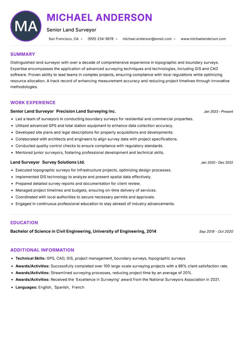 Land Surveyor resume example — ATS-friendly template