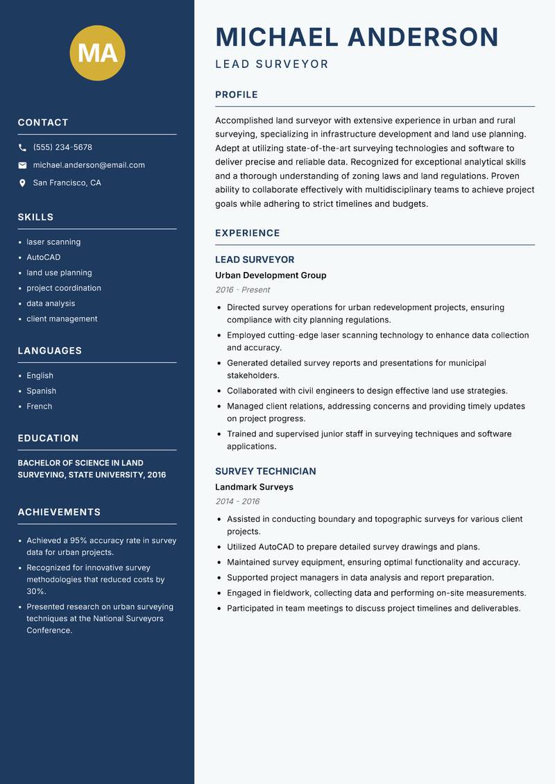 Land Surveyor resume template — Classic Clean