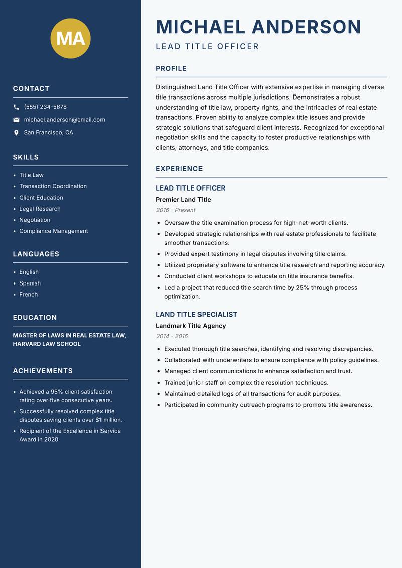 Land Title Officer resume template — Classic Clean