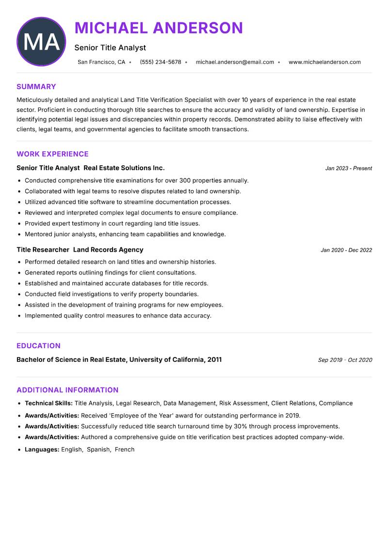 Land Title Verification Specialist resume example — ATS-friendly template