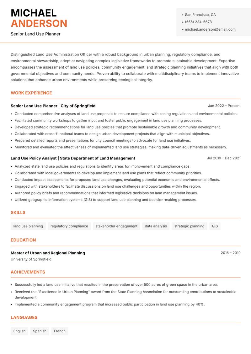 Land Use Administration Officer resume template — Modern Professional
