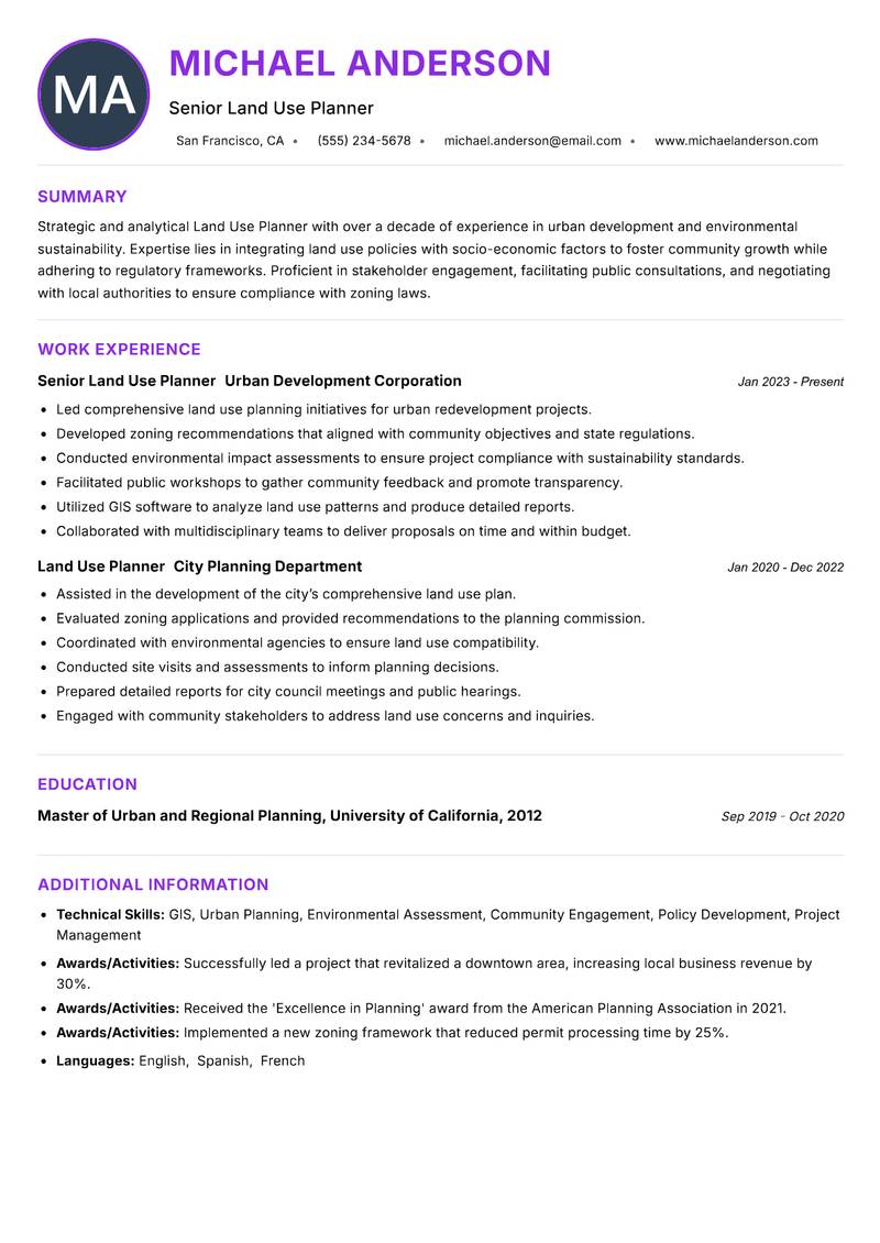 Land Use Planner resume example — ATS-friendly template