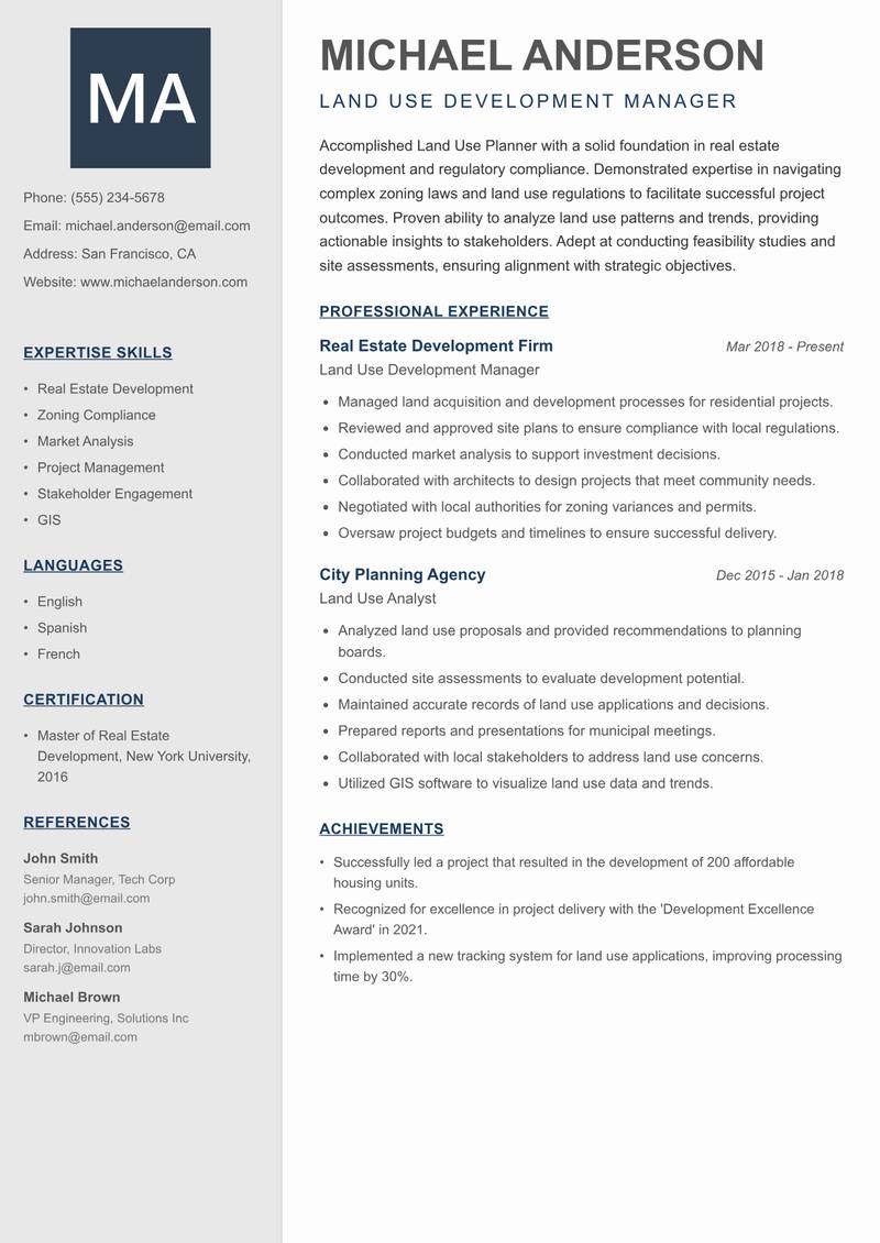 Land Use Planner resume template — Creative Minimal