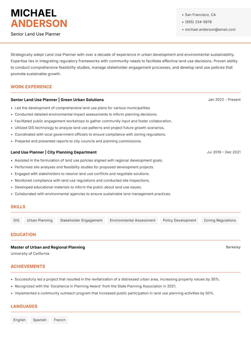 Land Use Planner resume template — Modern Professional