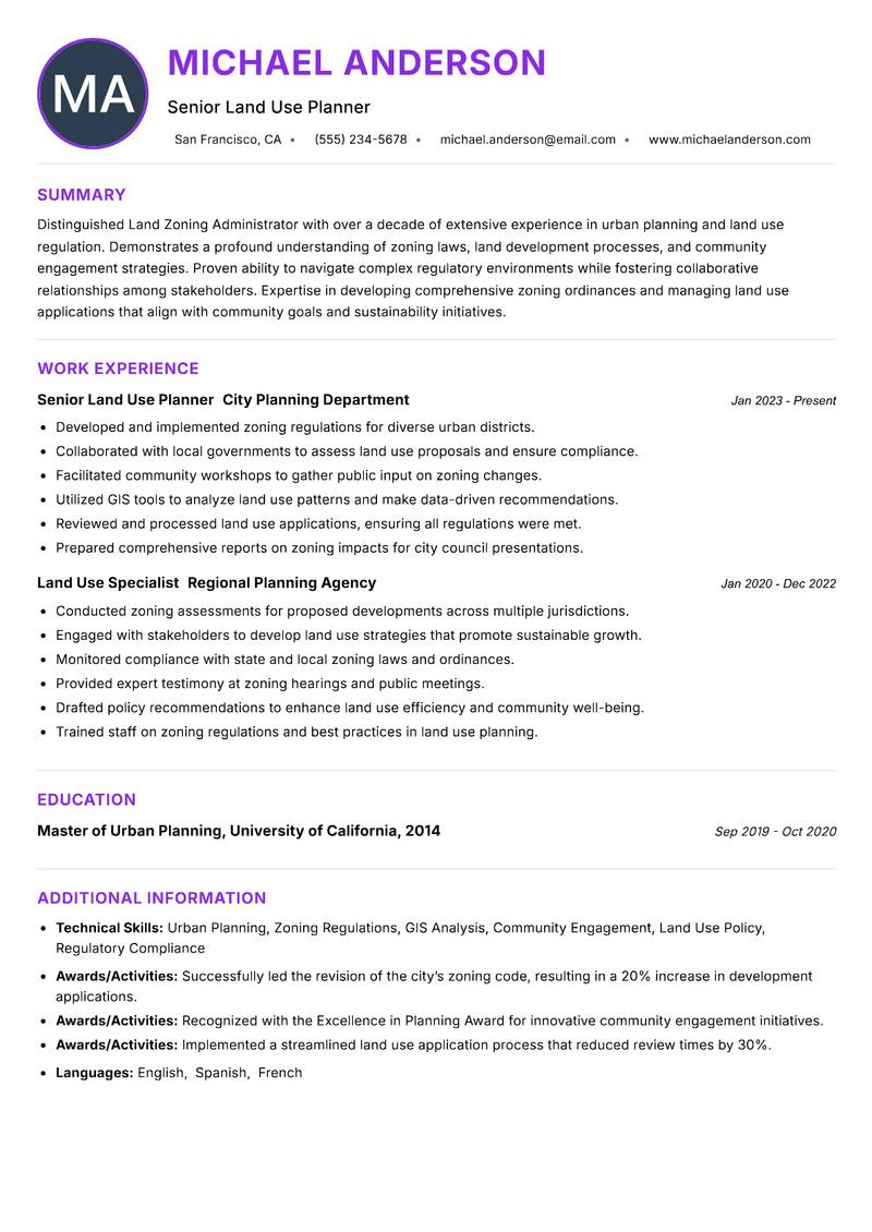 Land Zoning Administrator resume example — ATS-friendly template