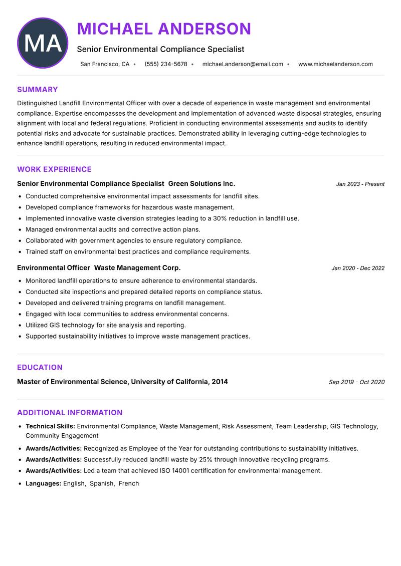 Landfill Environmental Officer resume example — ATS-friendly template