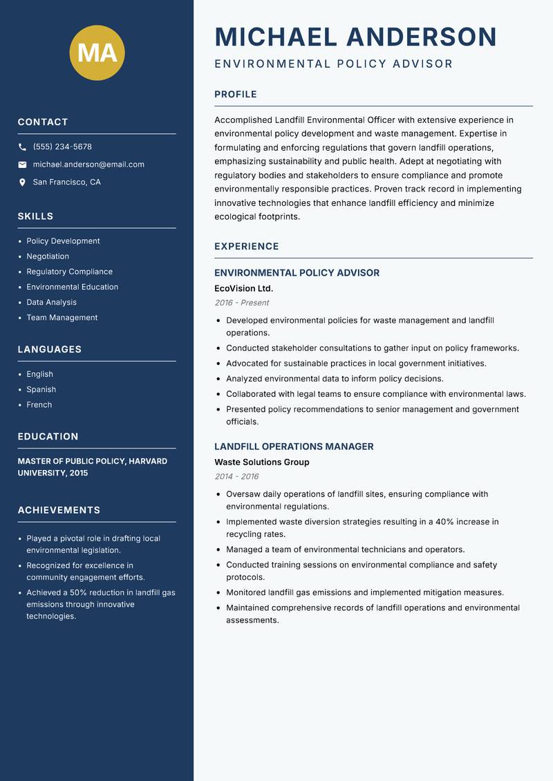 Landfill Environmental Officer resume template — Classic Clean