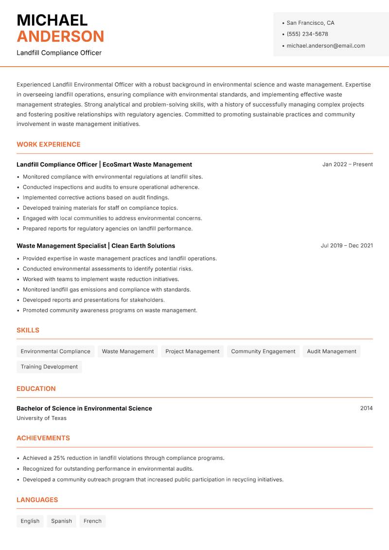 Landfill Environmental Officer resume template — Modern Professional