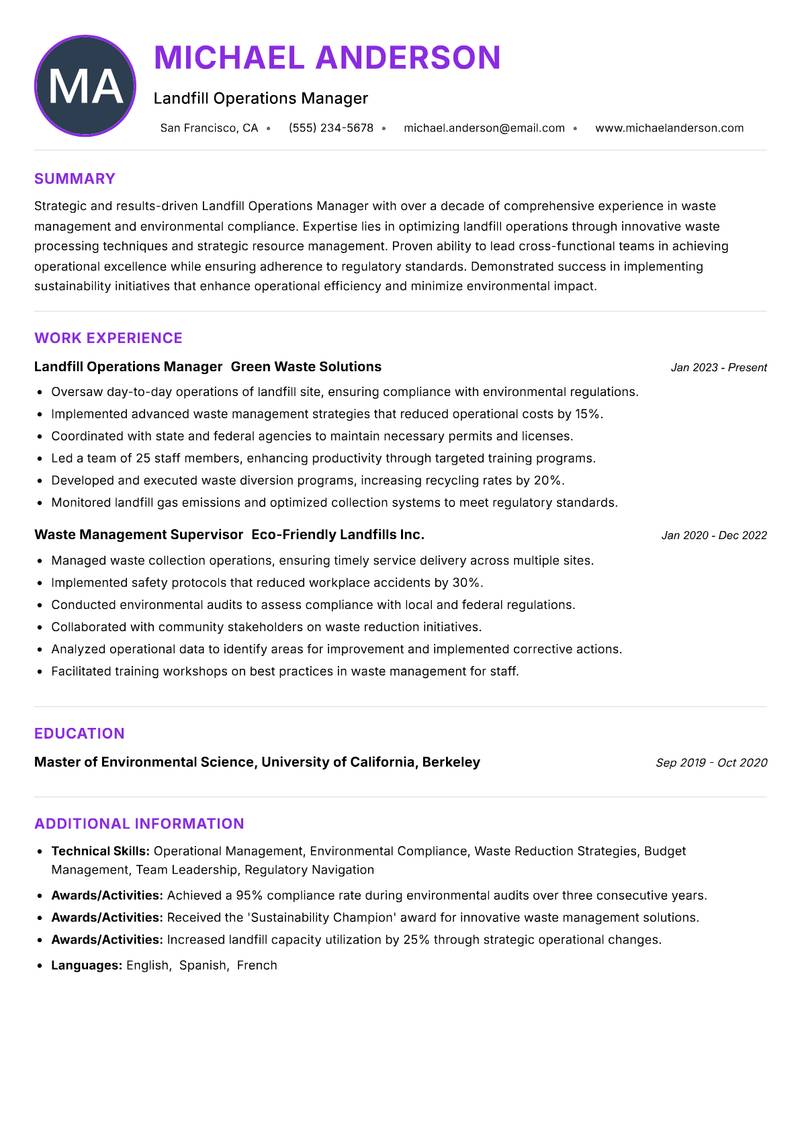 Landfill Operations Manager resume example — ATS-friendly template