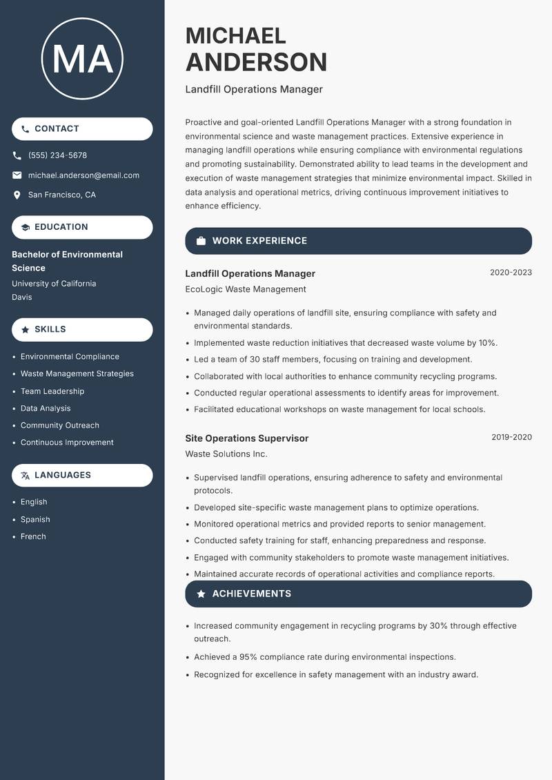 Landfill Operations Manager resume template — Compact