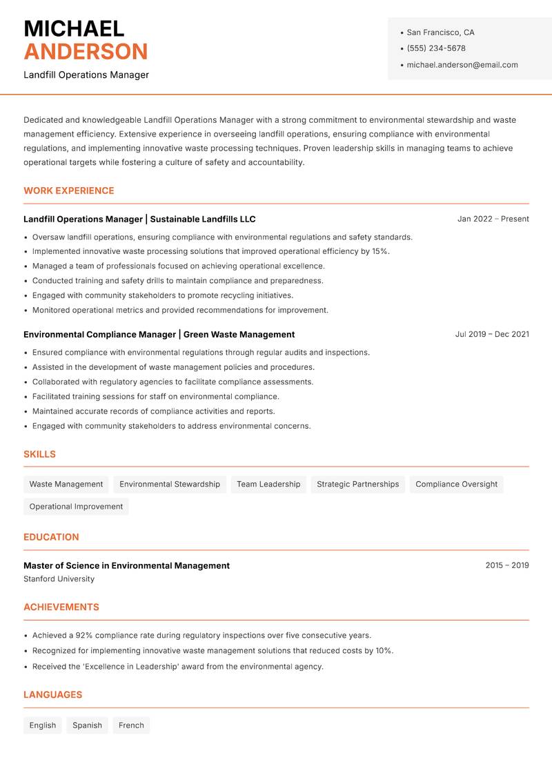 Landfill Operations Manager resume template — Modern Professional