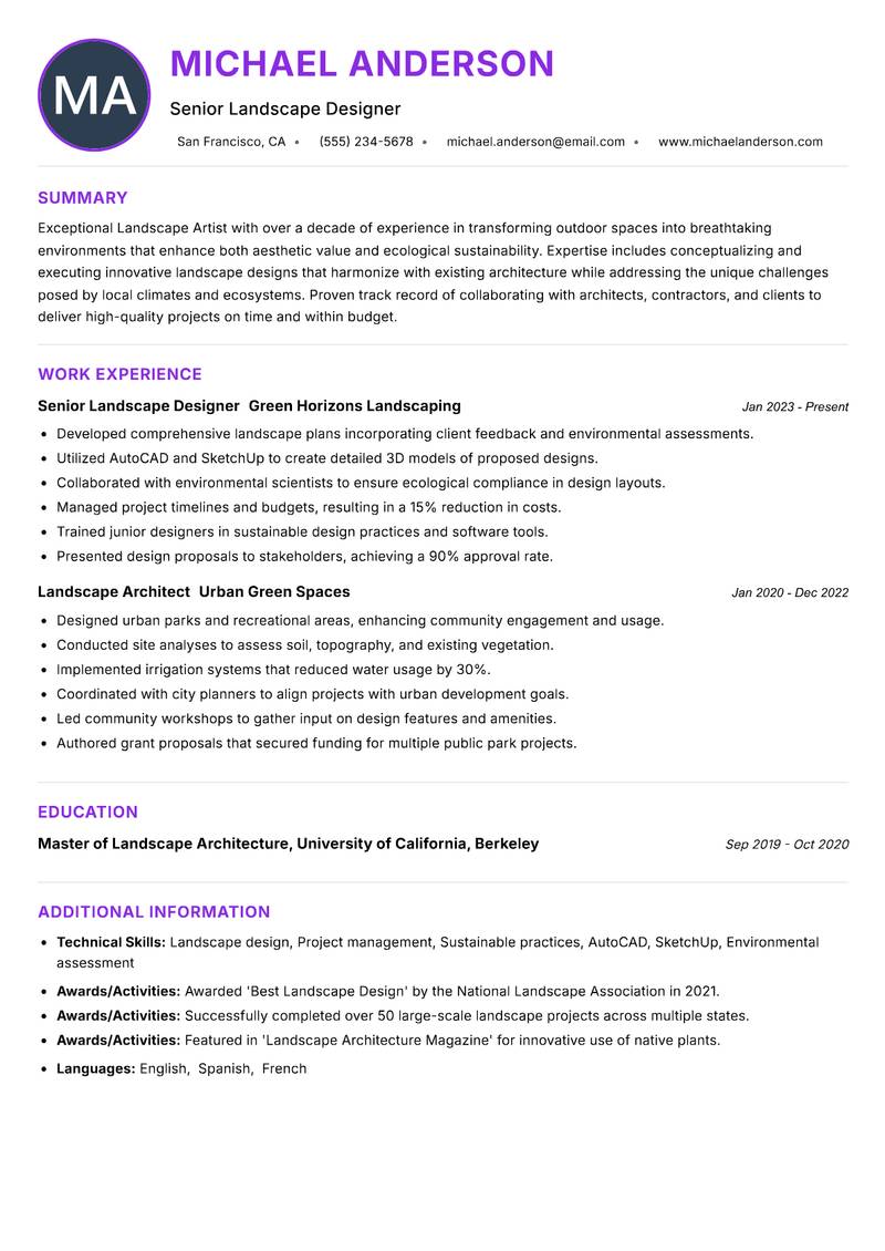 Landscape Artist resume example — ATS-friendly template