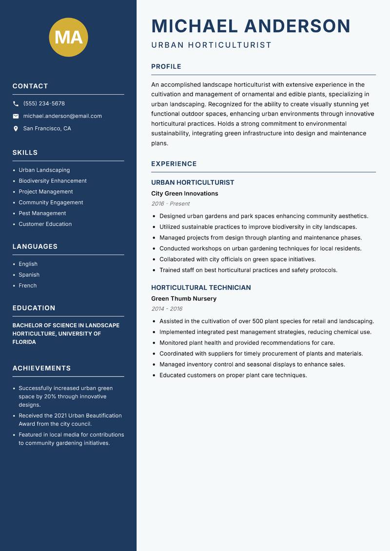 Landscape Horticulturist resume template — Classic Clean