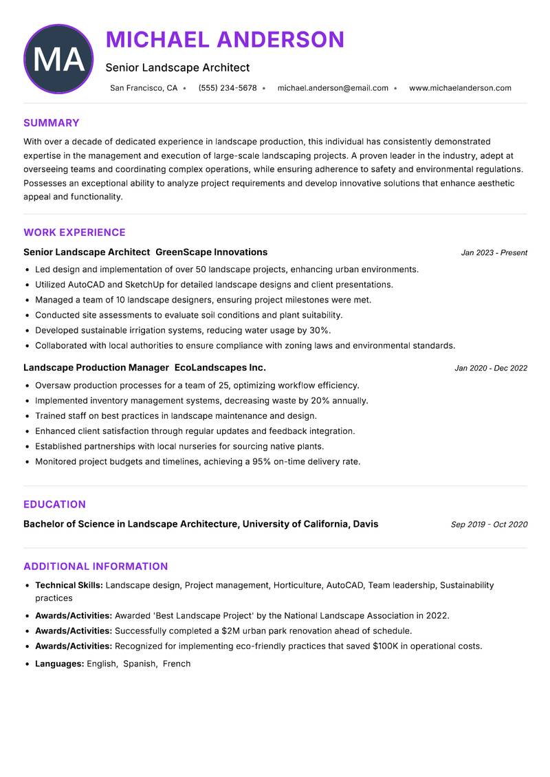 Landscape Production Specialist resume example — ATS-friendly template