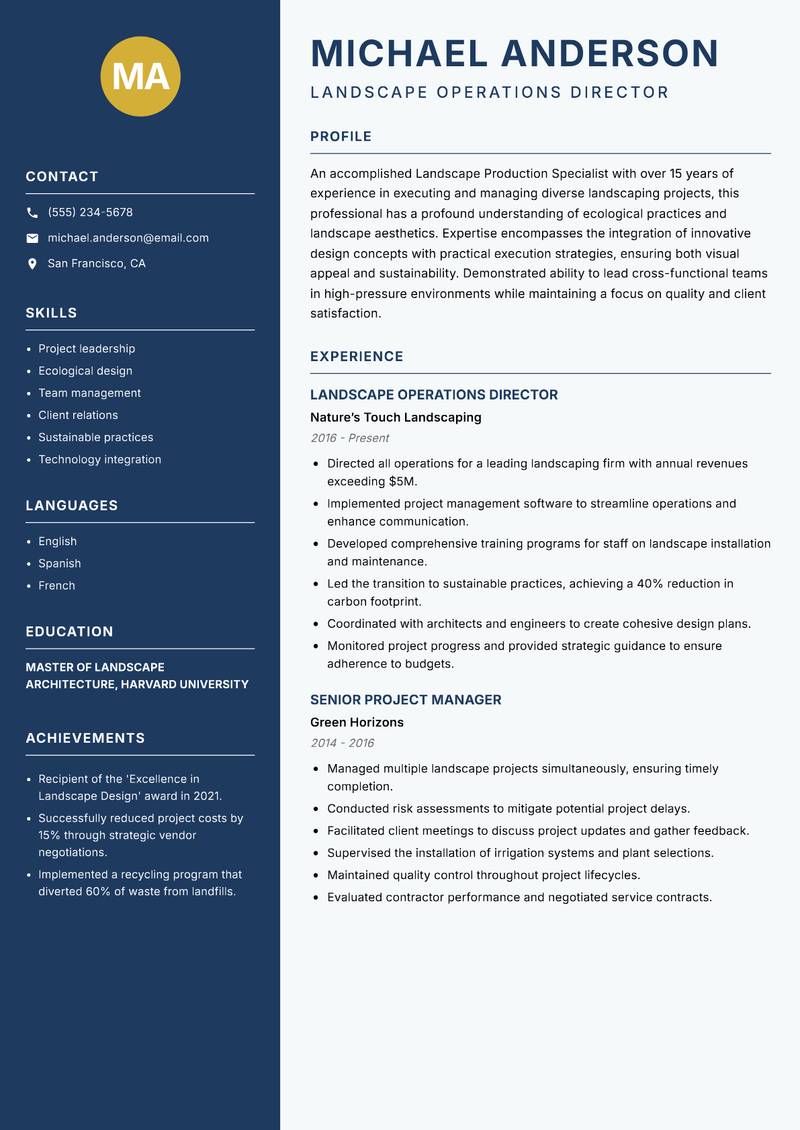 Landscape Production Specialist resume template — Classic Clean