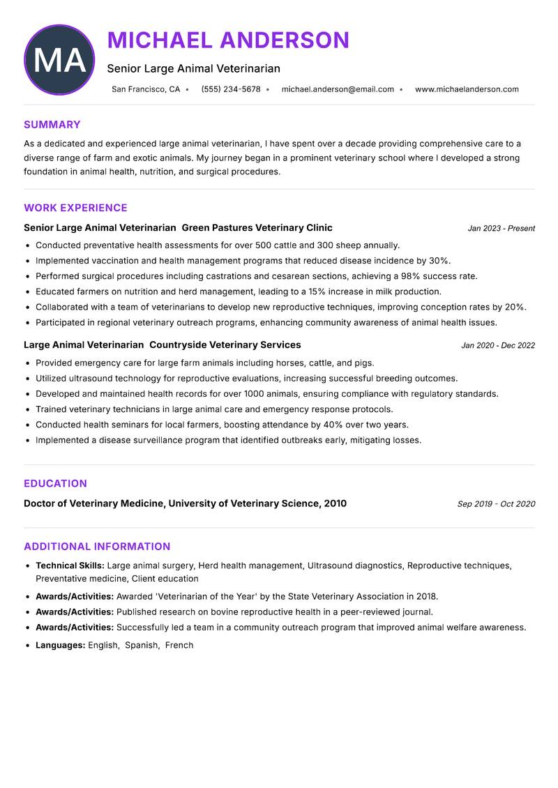 Large Animal Veterinarian resume example — ATS-friendly template