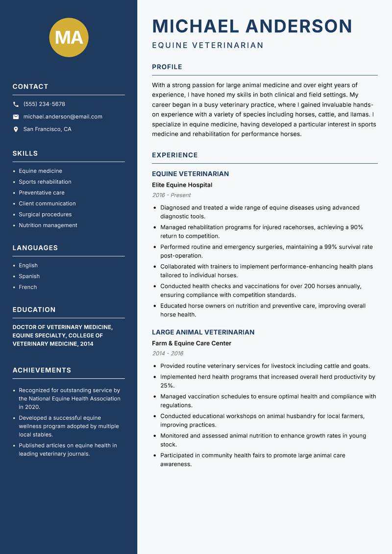 Large Animal Veterinarian resume template — Classic Clean