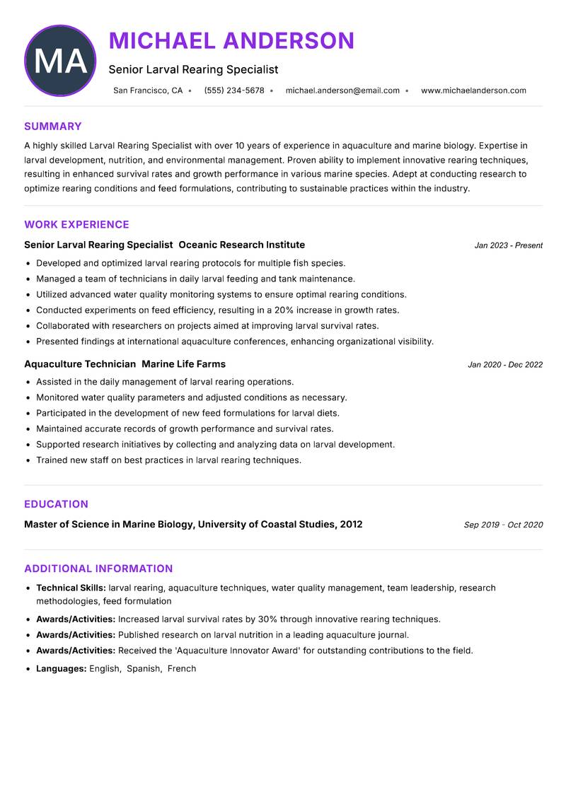 Larval Rearing Specialist resume example — ATS-friendly template
