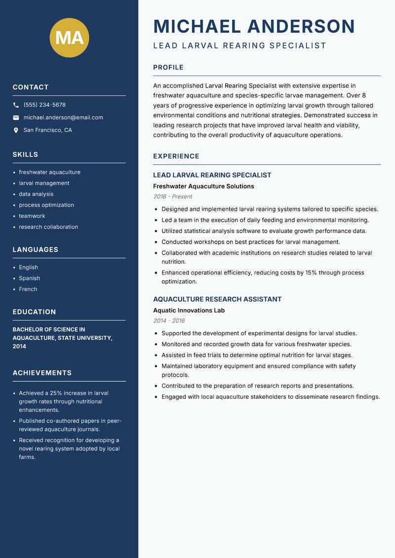 Larval Rearing Specialist resume template — Classic Clean