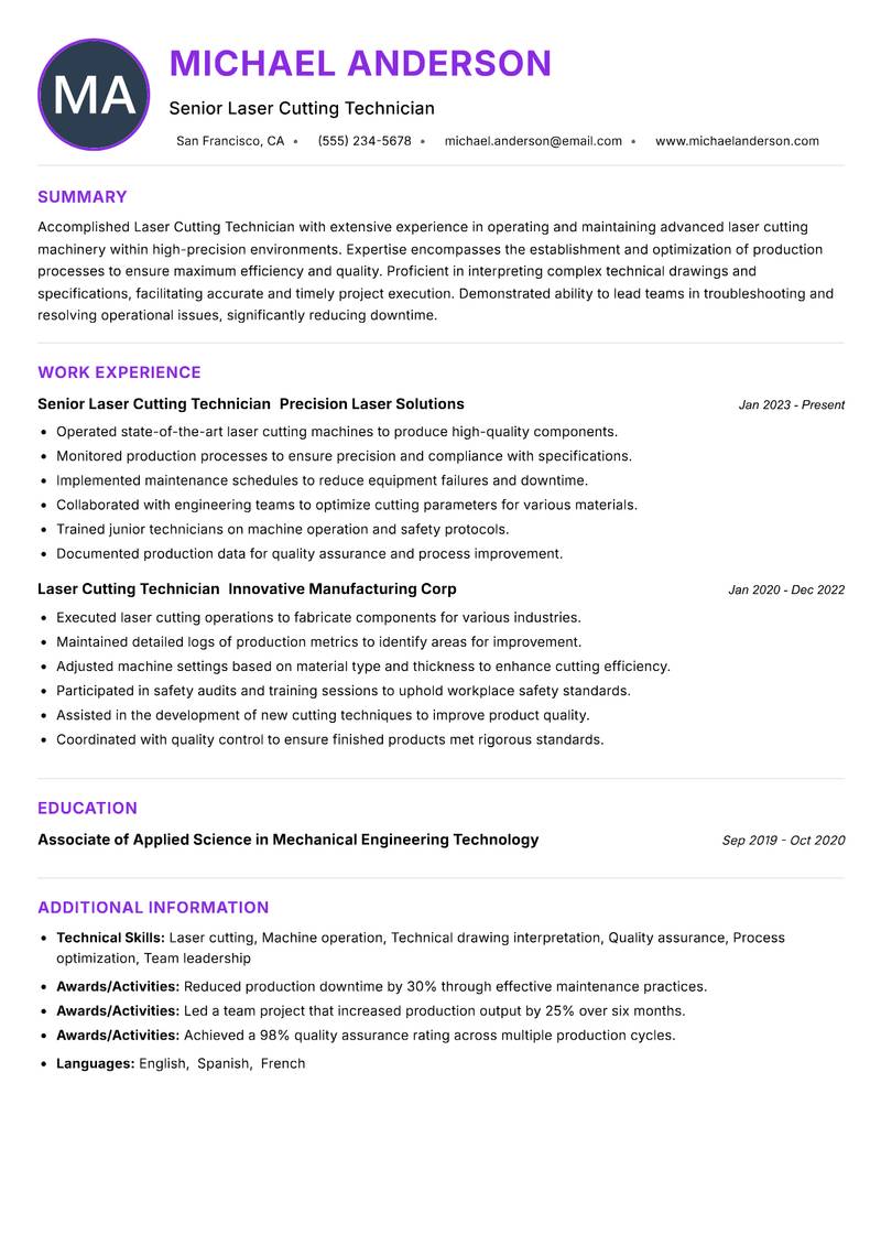 Laser Cutting Technician resume example — ATS-friendly template