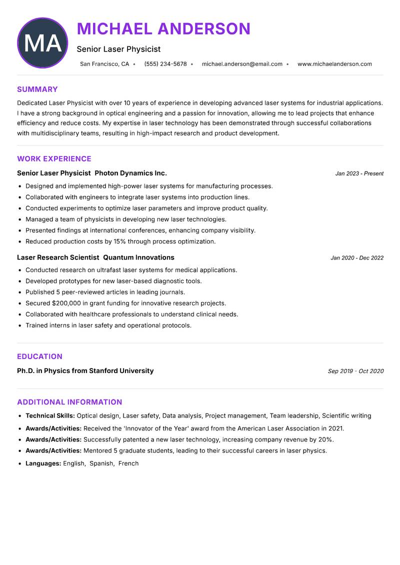 Laser Physicist resume example — ATS-friendly template