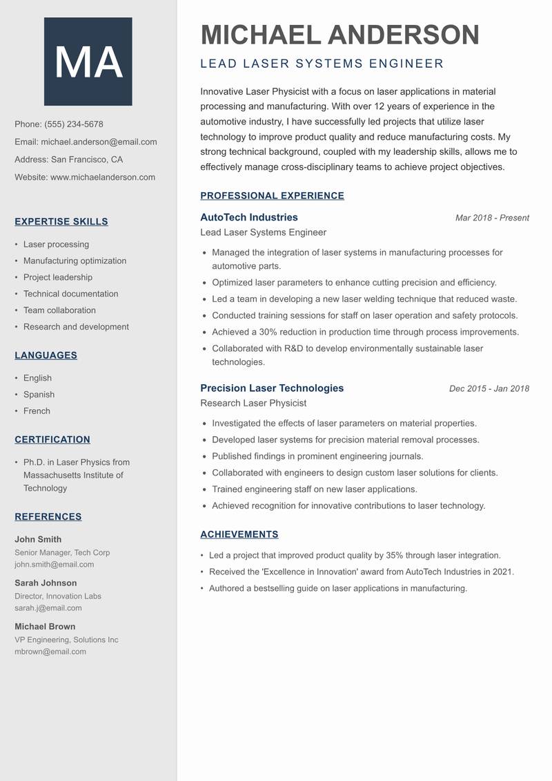Laser Physicist resume template — Creative Minimal
