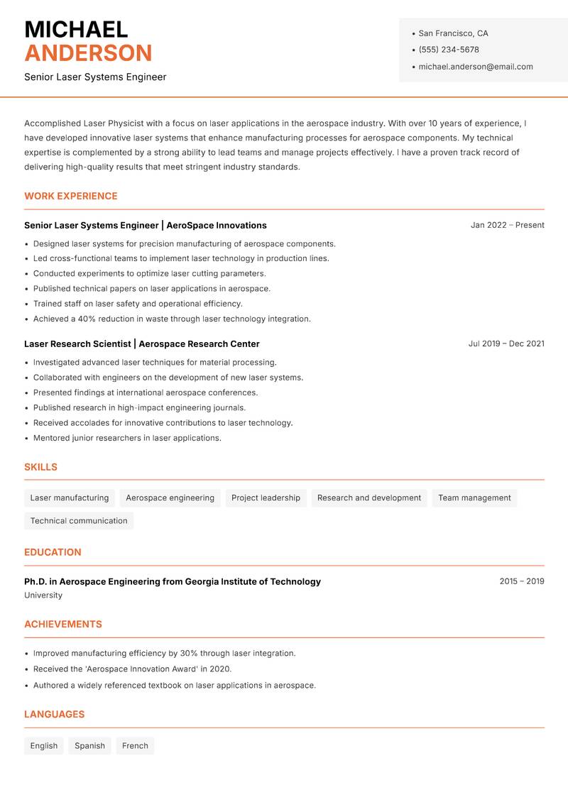 Laser Physicist resume template — Modern Professional