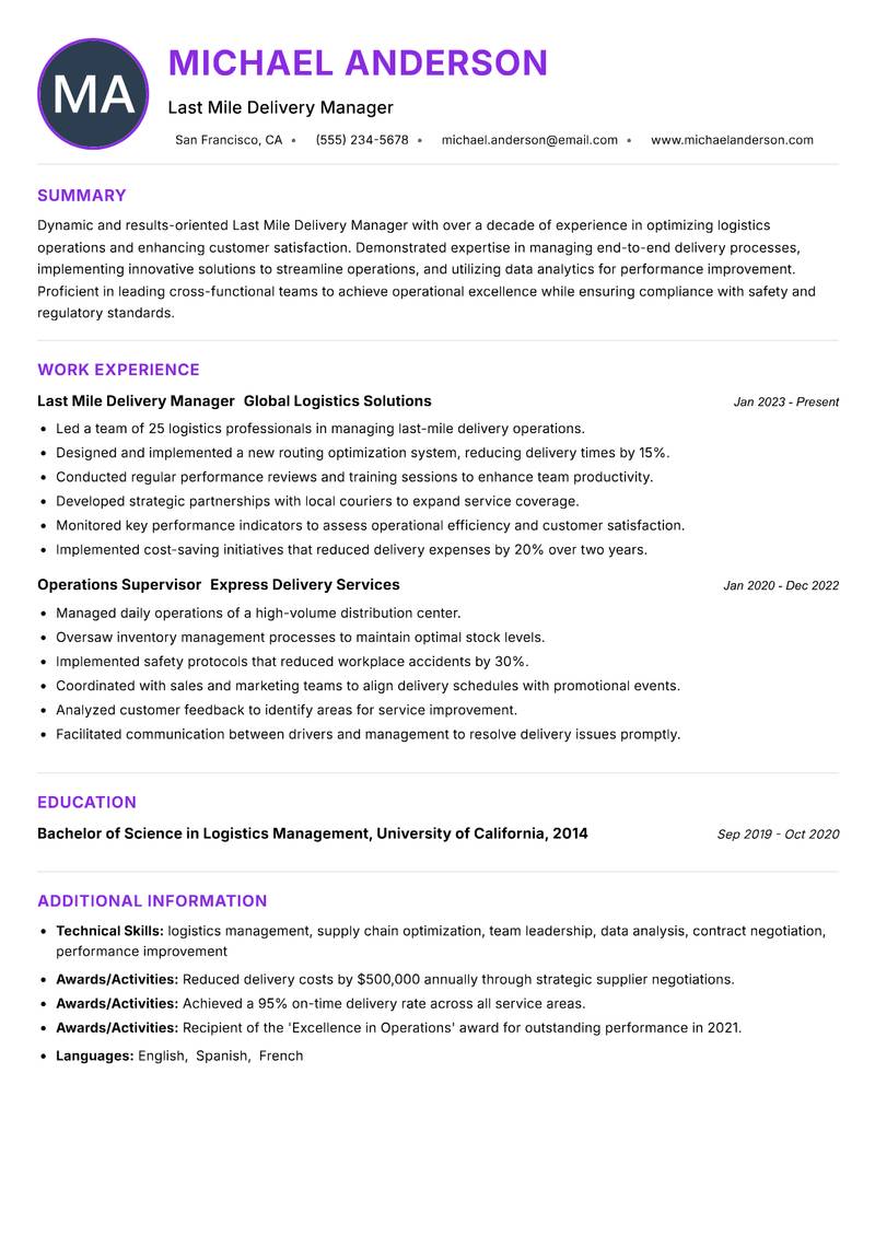 Last Mile Delivery Manager resume example — ATS-friendly template