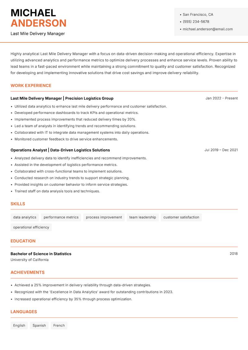 Last Mile Delivery Manager resume template — Modern Professional