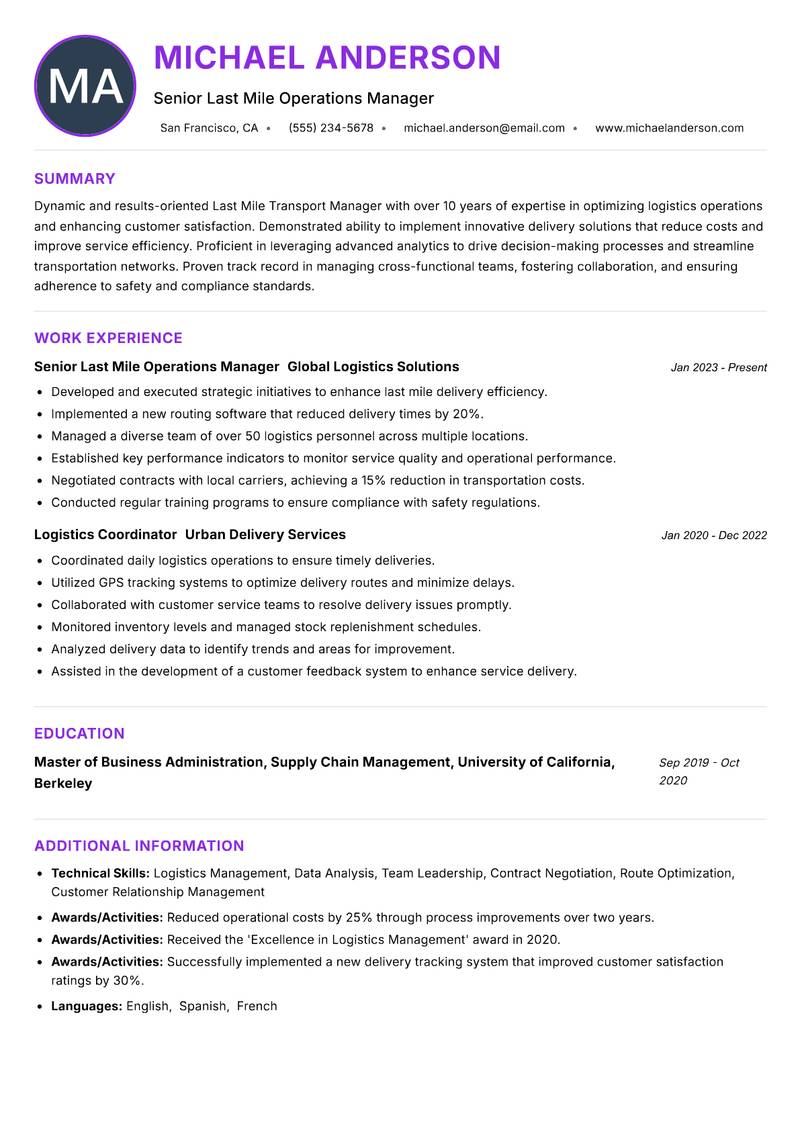 Last Mile Transport Manager resume example — ATS-friendly template